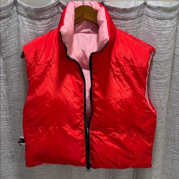 Hey Samy Pink and Red Women's Reversible Cabin-core Size Small Puffer Vest - Picture 7 of 8